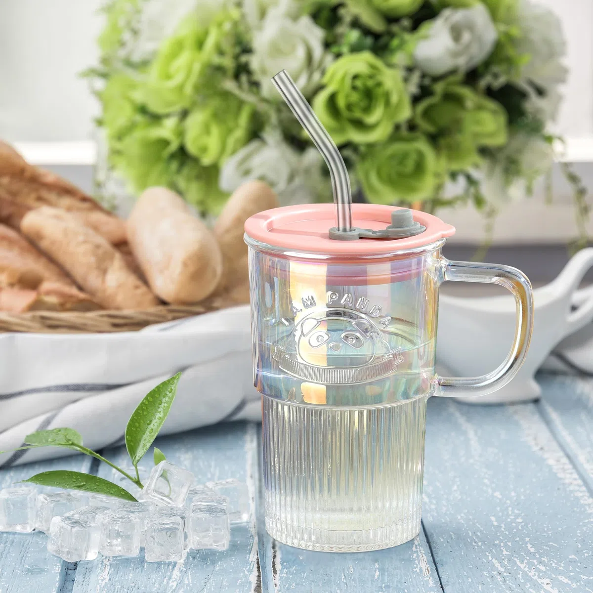 Joeyan 430 ml Iridescente Bicchieri con Cannuccia e Coperchi in Vetro,Tazza da Caffè Ghiacciata con Manico,Bubble Tea Tazza con Motivo,per Frappè Acqua Succhi,Set di 2