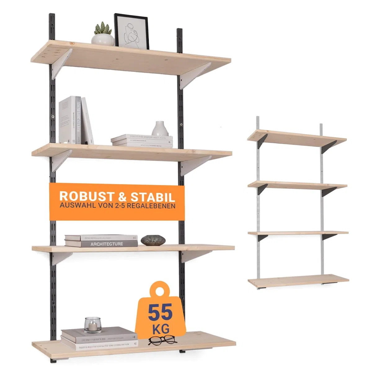 · Scaffale da parete in metallo con ripiano · Scaffale in 50 varianti · Altezza: 100 cm · 3 ripiani in 80 x 20 cm (larghezza x profondità) · Colore: nero/bianco · Sistema di scaffalatura a