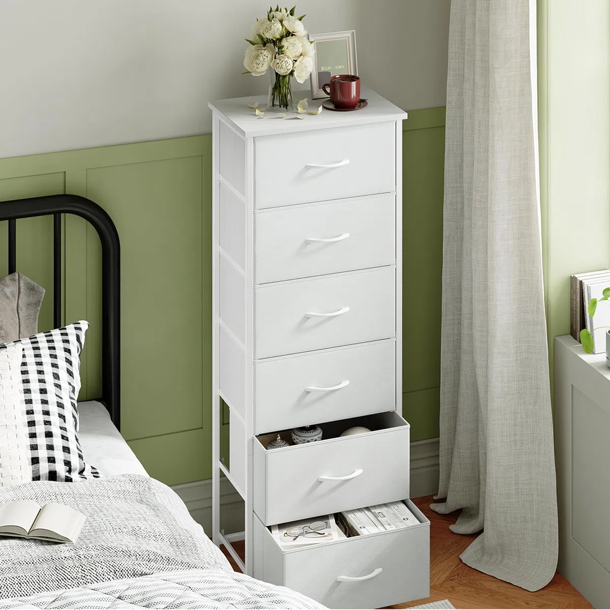 Somdot Cassettiera Camera da Letto in Tessuto, Mobiletto Salvaspazio, Settimino per Soggiorno, Studio, Cameretta, Ingresso, 30P x 42l x 115H (6 Cassetti), Bianco