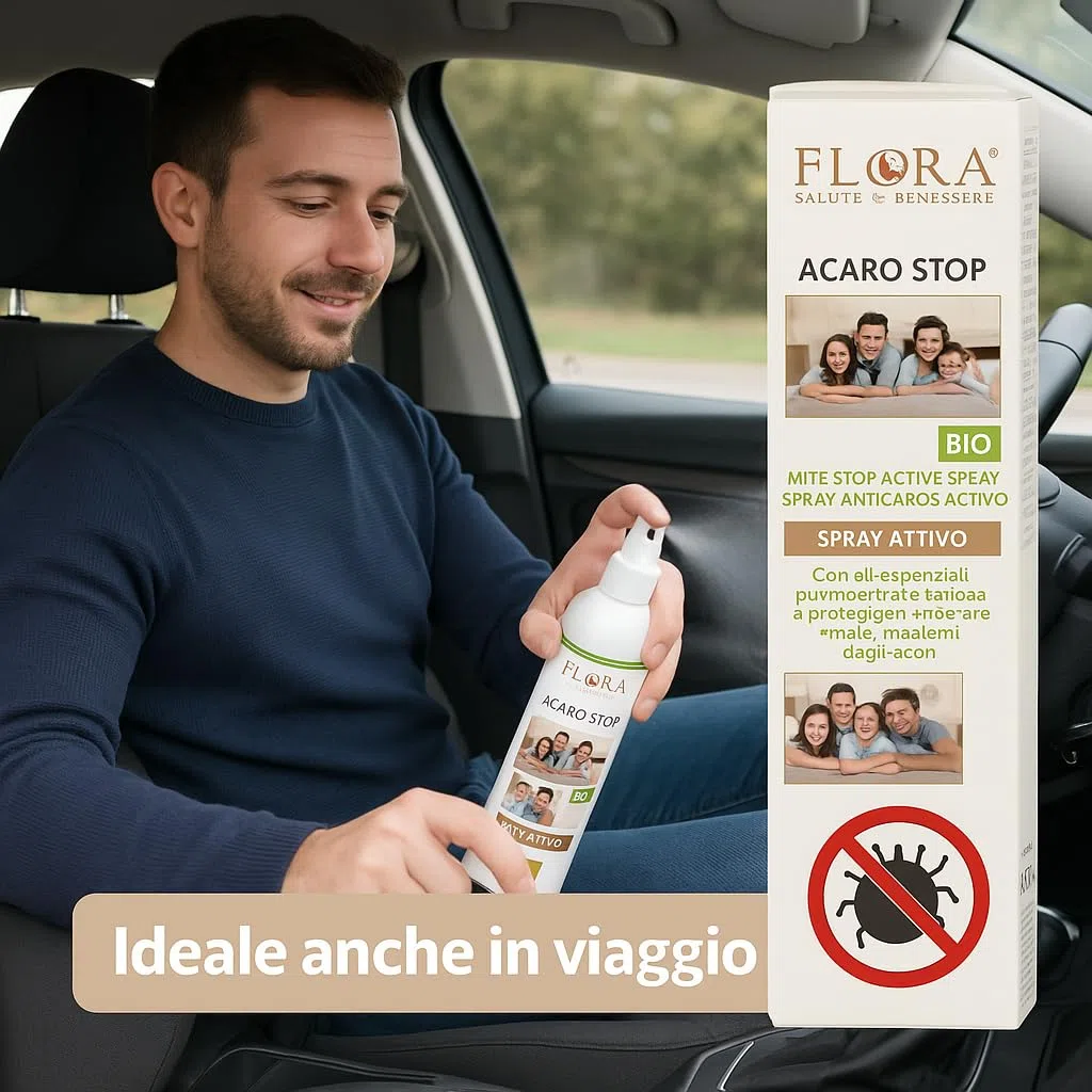 FLORA Acaro Stop Spray Antiacaro BIO-ICEA 200 ml – 15 Oli Essenziali 100% Puri + Olio di Neem, Protegge da Acari della Polvere, Non Macchia Tessuti, Uso su Materassi, Cuscini, Tappeti, Casa & Auto