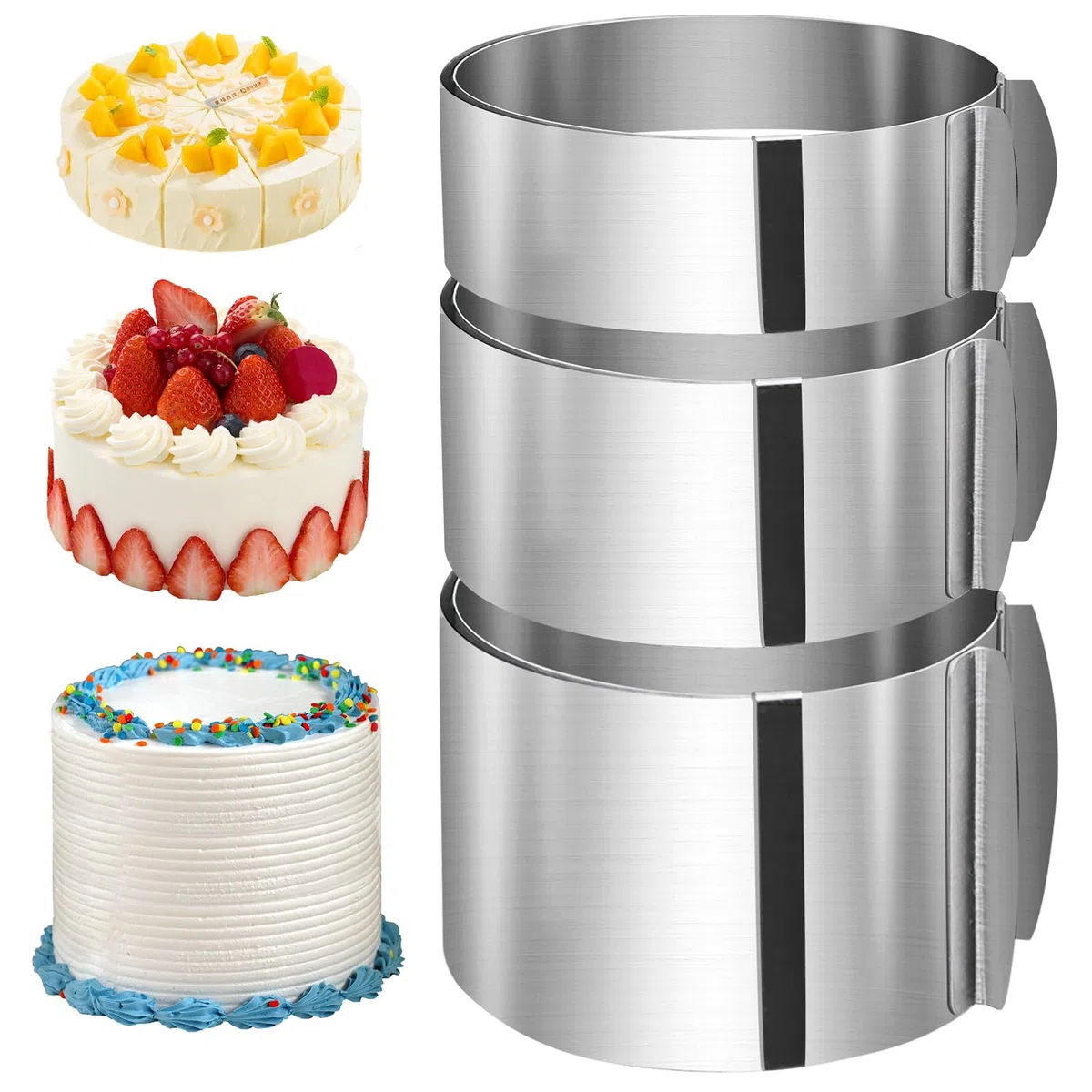PORFOYO 3 anelli per torte regolabili in altezza 5 cm, 8 cm, 10 cm, in acciaio inox, larghezza 16 – 30 cm, telaio rotondo, stabile stampo per torte, anello rotondo regolabile per cuocere e decorare