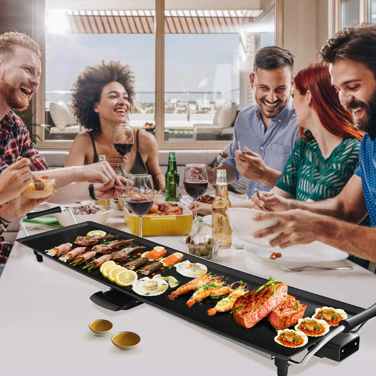 FANTASK Teppanyaki - Barbecue elettrico da 90 x 23 cm, 1800 W, con rivestimento antiaderente, 6 spatole di legno e anello antiaderente, temperatura regolabile