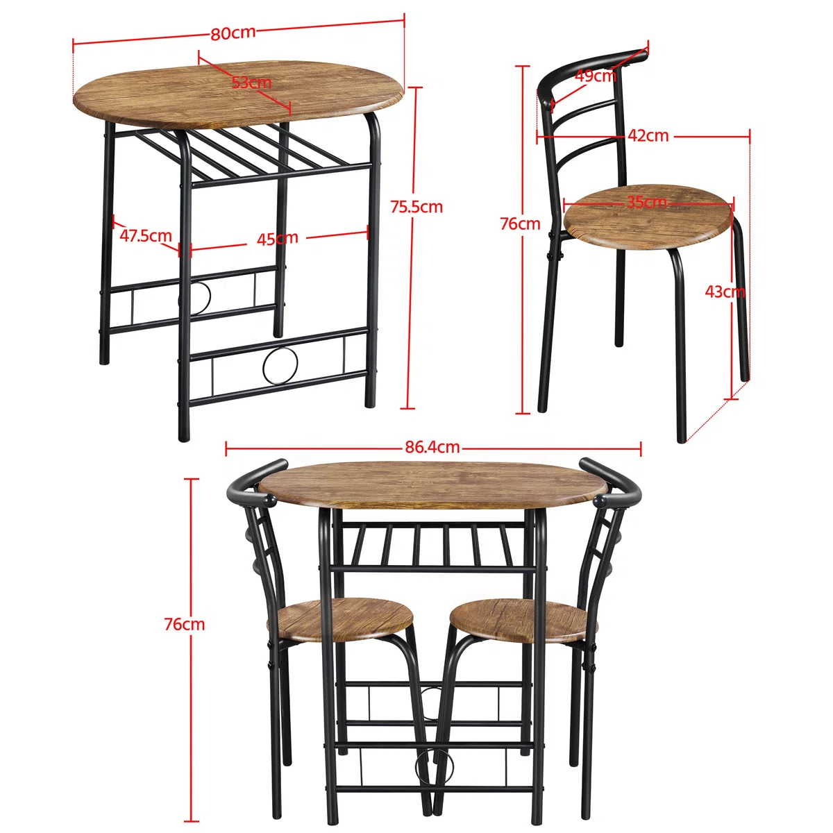 Yaheetech Set Mobili da Bar Tavolo e 2 Sedie Sala da Pranzo Cucina Piccoli Spazi Salvaspazio Balcone per 2 Persone in Legno e Metallo Sedia Portata 136 kg Marrone Retro