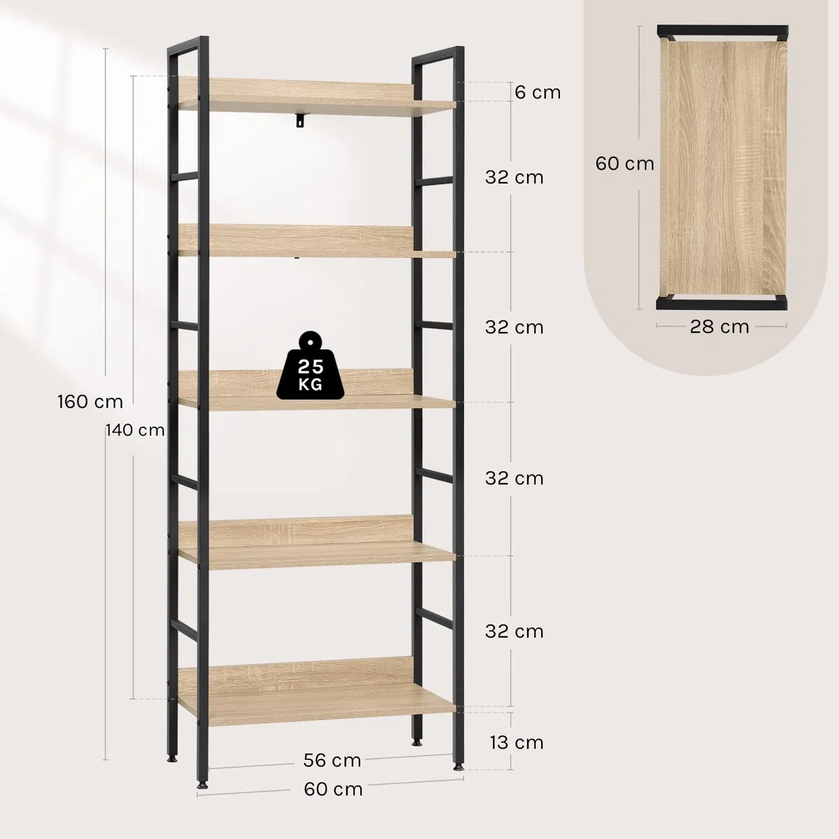 WOLTU Libreria Scaffale a 5 Livelli, Libreria Verticale Struttura in Metallo per Soggiorno/Camera da Letto/Studio, 60x27,5x160cm, Bianco + Rovere chiaro
