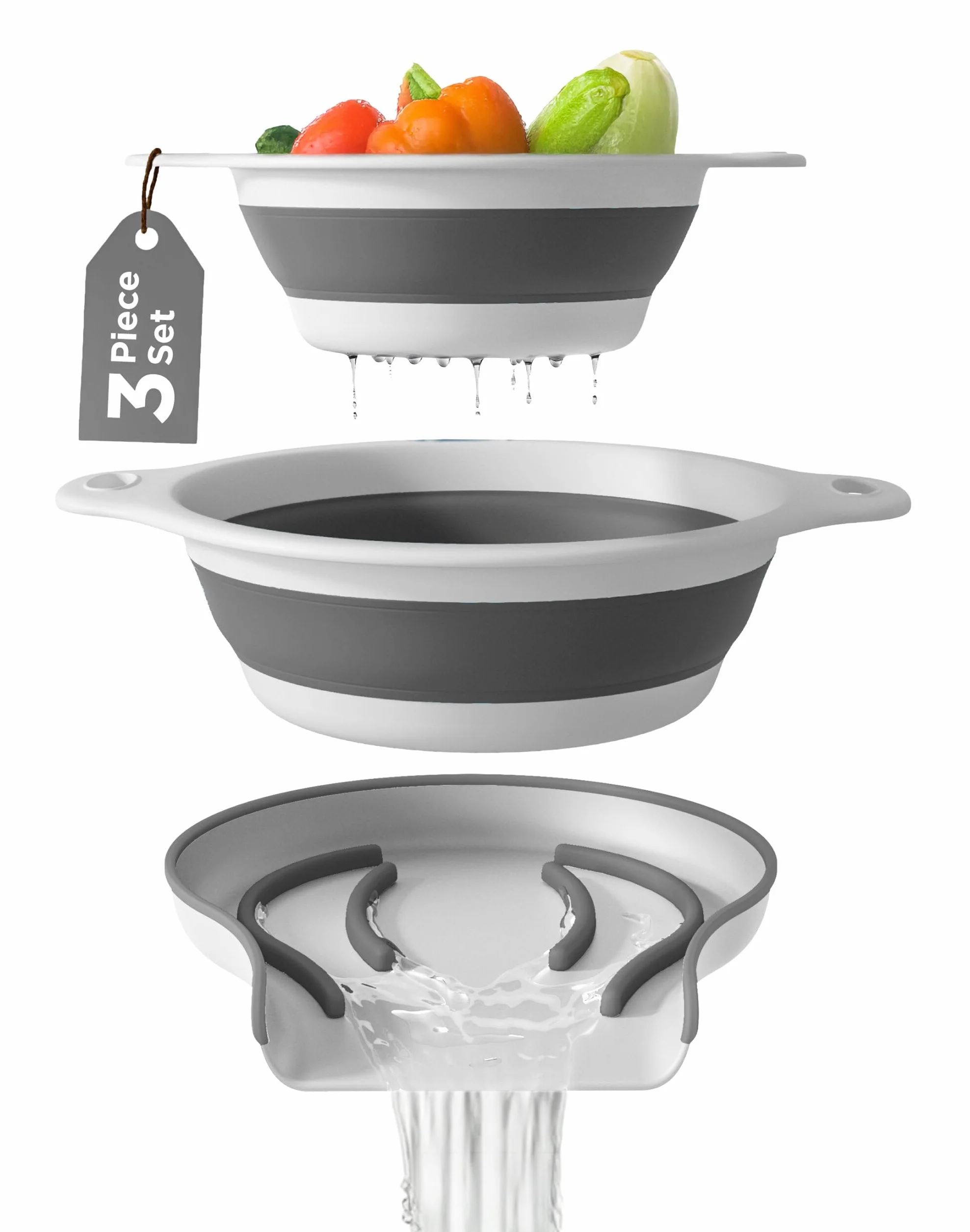 Set di 2 colini pieghevoli con base di drenaggio dell'acqua per pasta, frutta e verdura (4 e 5 quarti), colore: bianco e grigio