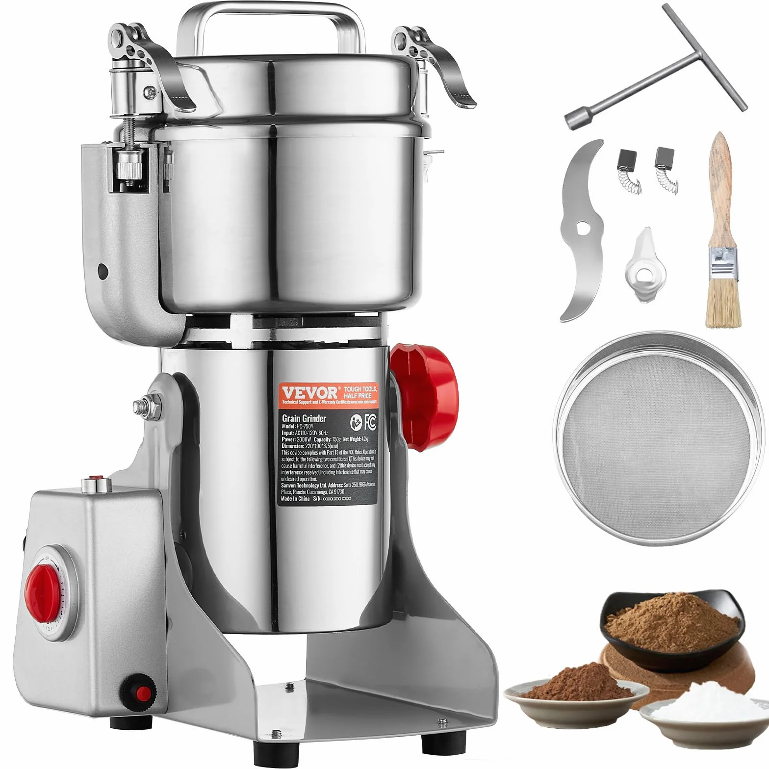 VEVOR 750g Mulino Elettrico per Cereali, Macina Spezie Commerciale Alta Velocità 2000 W, Macchina Polverizzazione in Acciaio Inox, per Cereali Secchi, Spezie, Caffè, Mais, Pepe, Tipo Oscillante