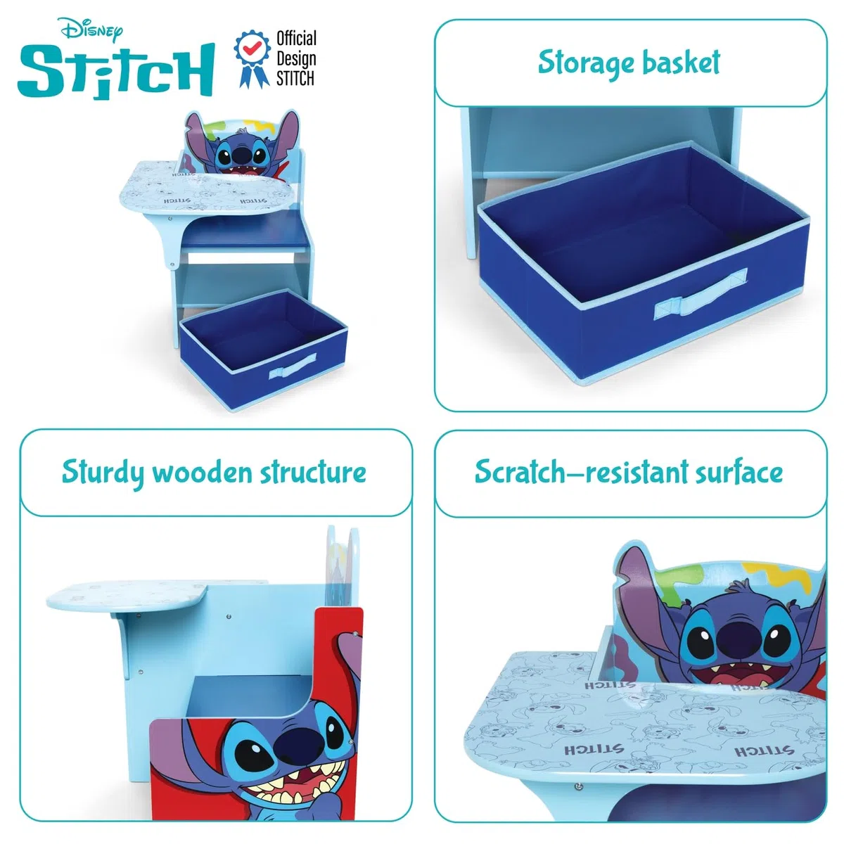 ARDITEX - Sedia-Banco infantile in legno con contenitore in tessuto di Stitch di Disney - 62x30x60cm - Colore Blu - Ideale per attività creative, studio o gioco.