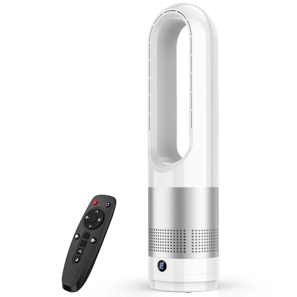Ventilatore senza rotore con telecomando, oscillazione a 80°, con timer da 8 ore, silenzioso, controllo touch, raffreddamento ad aria, ventilatore sicuro senza pale per camera da letto (argento)