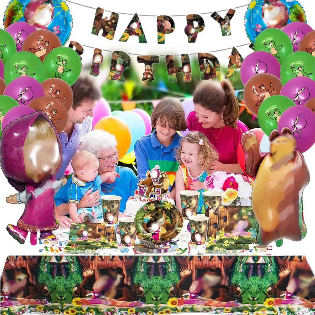 129 Pezzi Stoviglie Compleanno Per 20 Clienti, Orso Compleanno, Addobbi C-ompleanno, Orso C-ompleanno Palloncini Piatti Bicchieri di Carta Tovaglioli Tovaglia