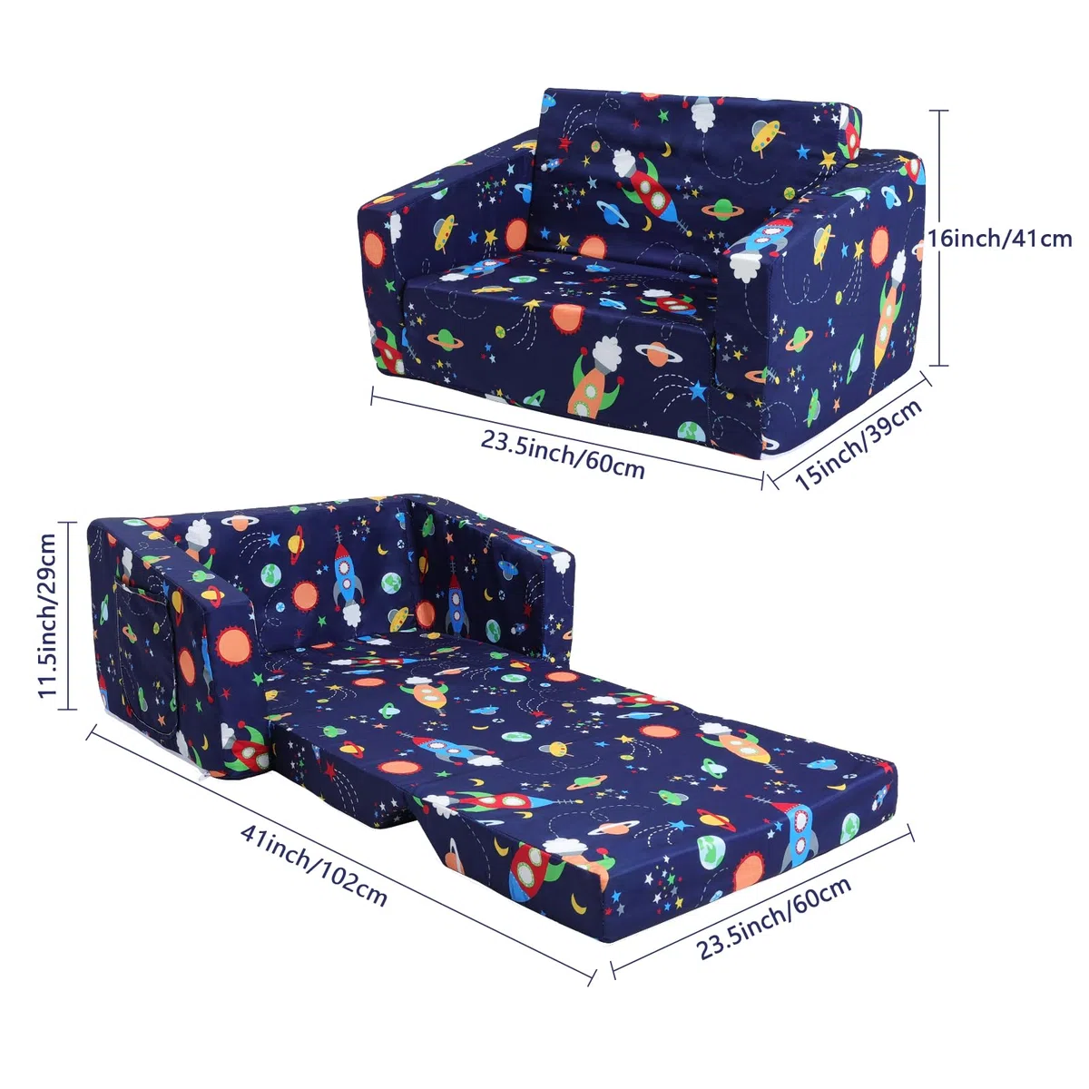 decalsweet Divano Letto per Bambini 2-in-1 Pieghevole Schienale Poltrona, Comoda Stabile Divano Bambini con Tasca in Stoffa, Divano Pieghevole Leggero Apribile per Camera da Letto, Soggiorno, Razzo