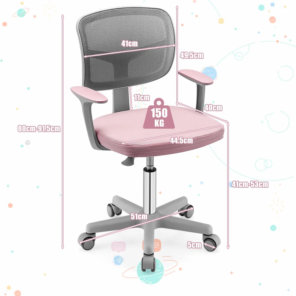 LIFEZEAL Sedia Scrivania Bambini, Sedia Girevole, Altezza Regolabile e Ergonomico, per Bambini, da Cameretta, con Braccioli, Schienale e Sediolina Imbottita, per Bimbo 3 Anni+, Max150kg, Rosa
