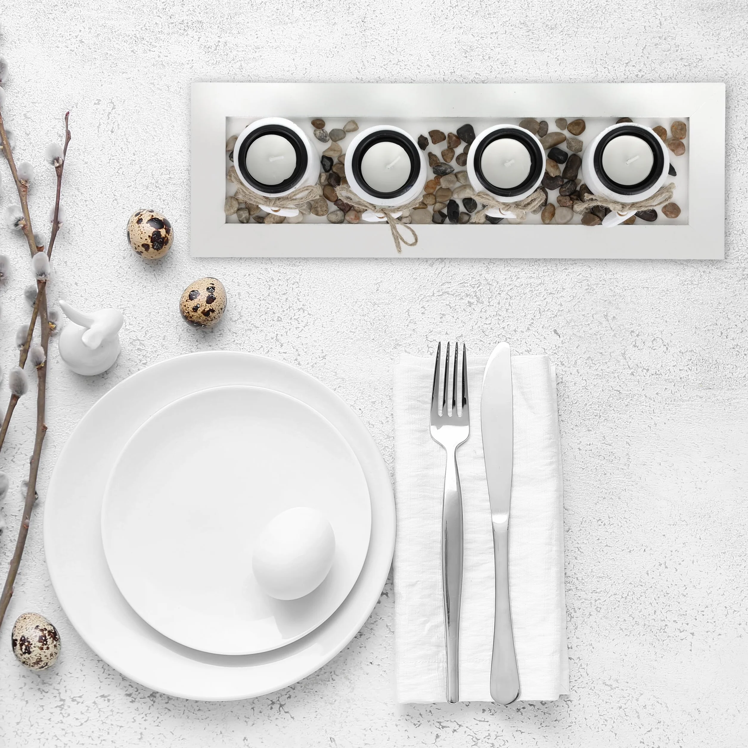 Relaxdays Portacandele Decorativo con Vassoio e Pietre, Lungo 39,5 cm, Decorazione per Tavolino e Soggiorno, Bianco