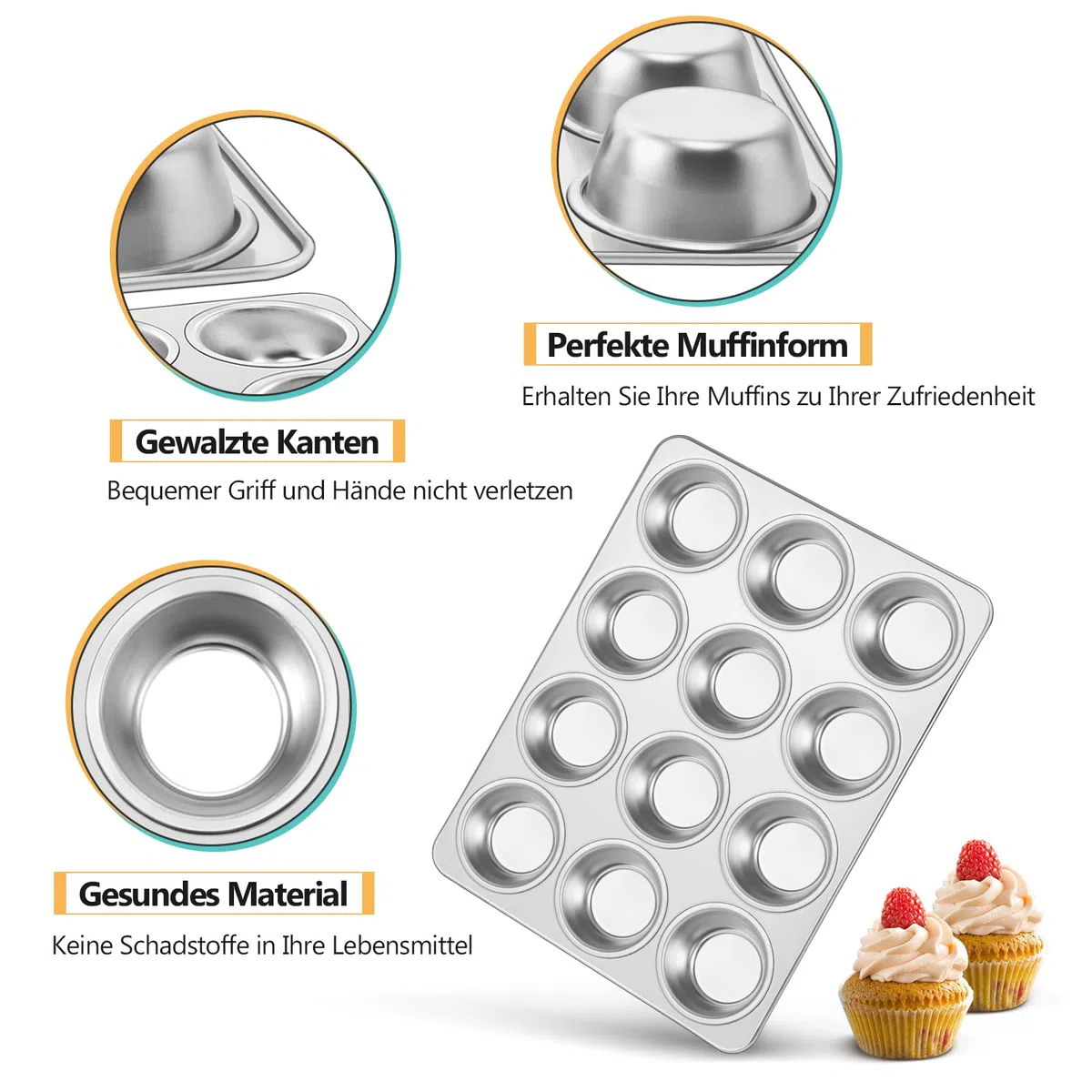 TEAMFAR Stampo per muffin, in acciaio inox, per 12 muffin, 3 cm di profondità, per muffin, cupcake, brownies, dolci, budini, rivestimento atossico, lavabile in lavastoviglie