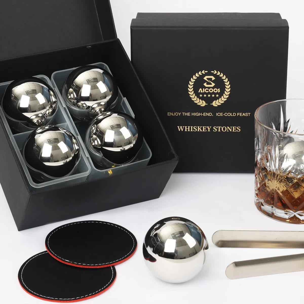 Cubetti di Ghiaccio Riutilizzabili - Cubetti Ghiaccio Acciaio Inox Riutilizzabile, Pietre per Whisky Ice Cubes, Regali Regalo per il Giorno Del Padre per Uomini Mariti （4 XL Sfere ）