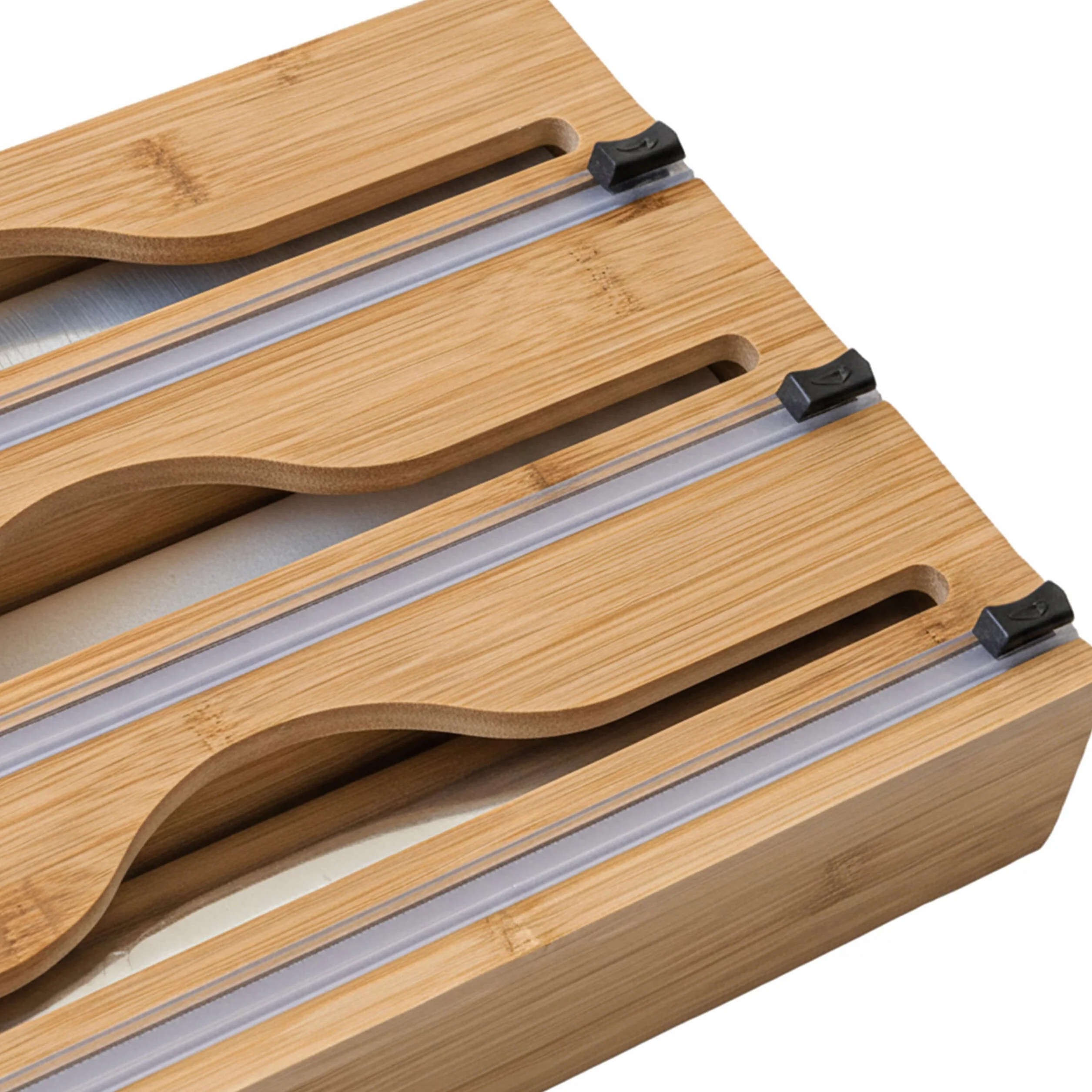 Relaxdays Dispenser per Pellicola, 3 Rotoli, cassetto, bambù, 22 x 33,5 x 7 cm, taglierina Cucina, Naturale