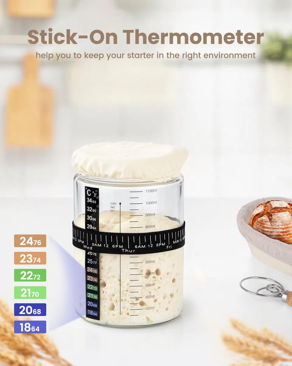 PITCH + PULSE Starter Kit per Pasta Madre, 1200ml Vetro Fermentato con Termometro, Nastro Alimentazione Data, Spatola, Contenitore per la Cottura del Pane a Lievito Naturale