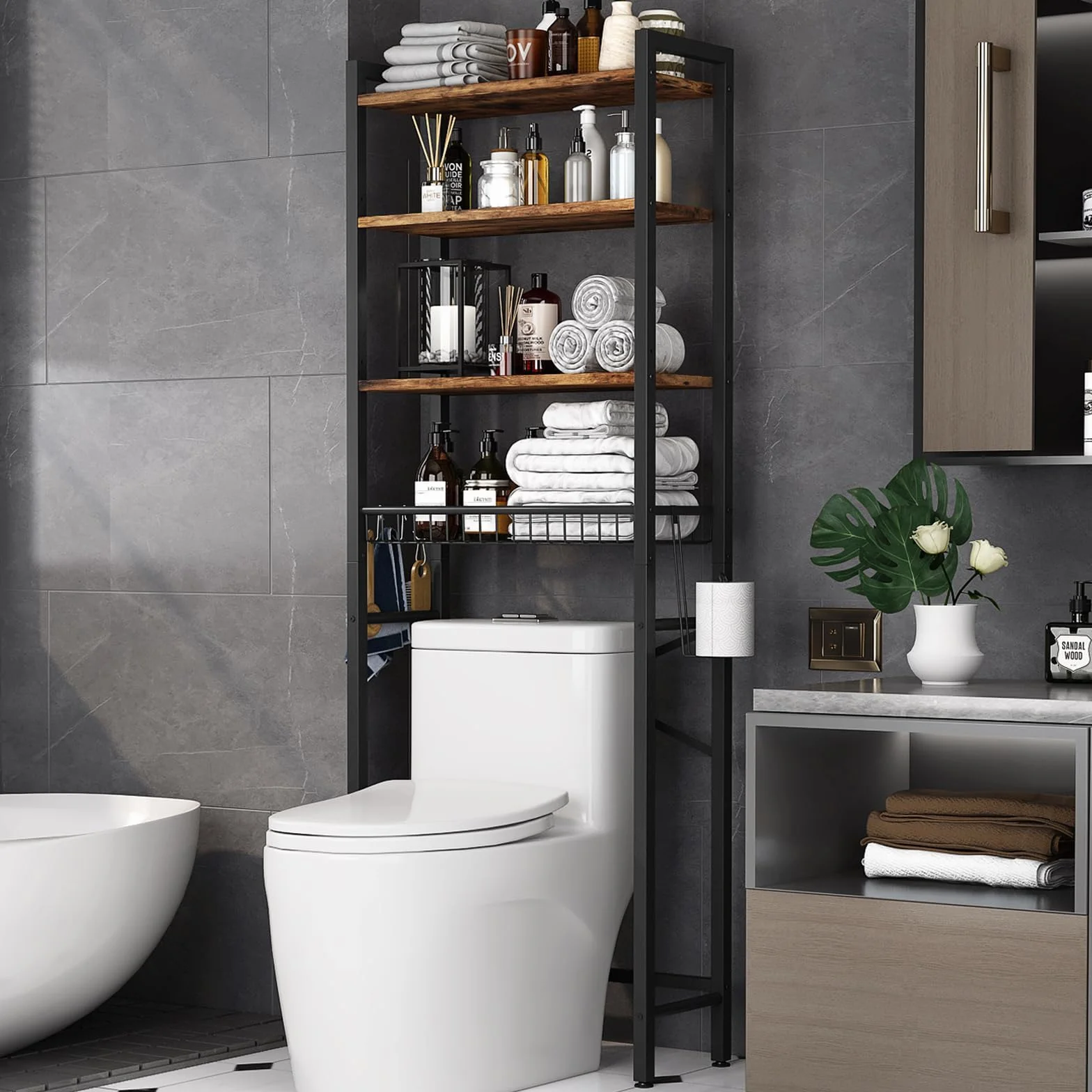 Kalrin Scaffale da Bagno, Scaffale Multifunzionale Regolabile a 4 Livelli, Scaffale Sopra il WC con Cestini, Scaffale Salvaspazio, Facile da Montare - Marrone Vintage