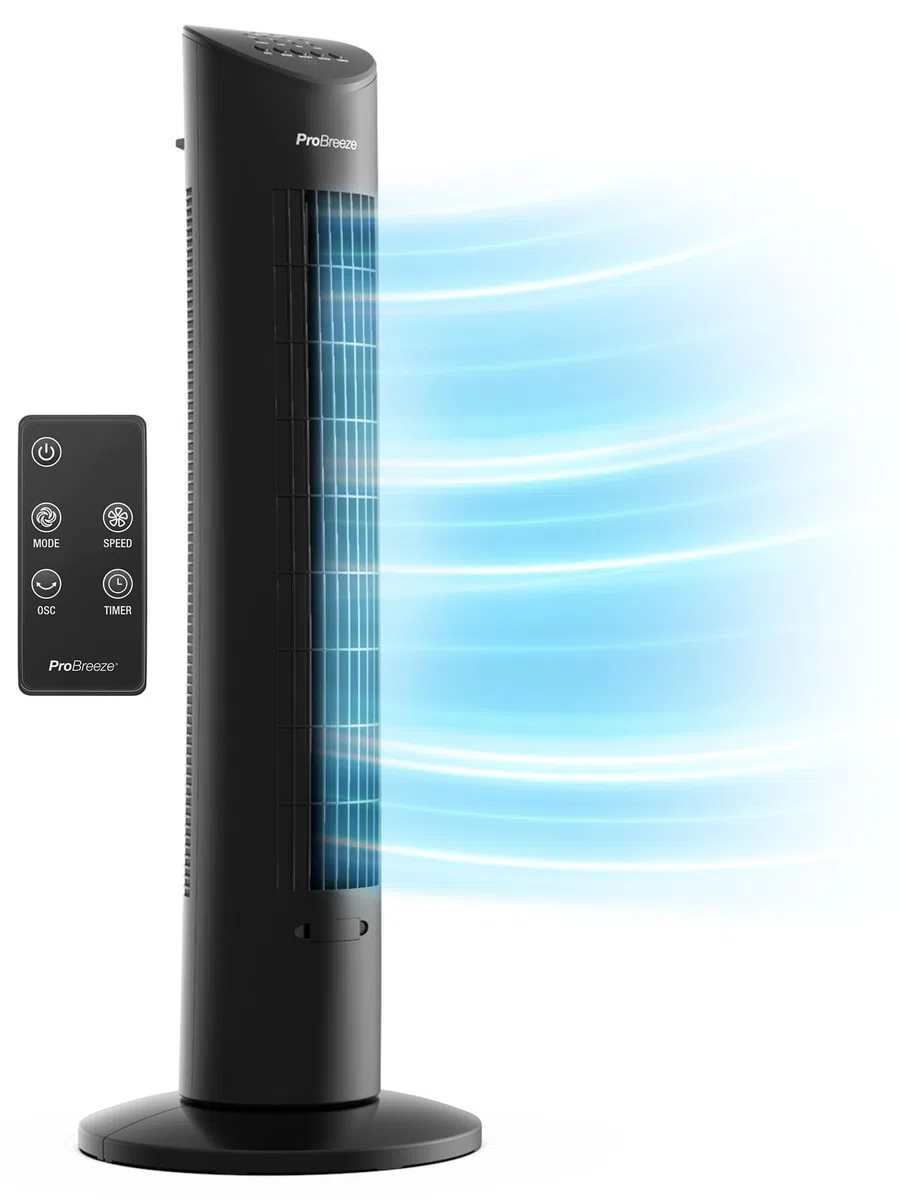 Pro Breeze Ventilatore a Torre Oscillante - 60W Con Timer 7,5 ore e Telecomando - Oscillazione a 70° Gradi e 3 Modalita di raffreddamento- Altezza 79 cm