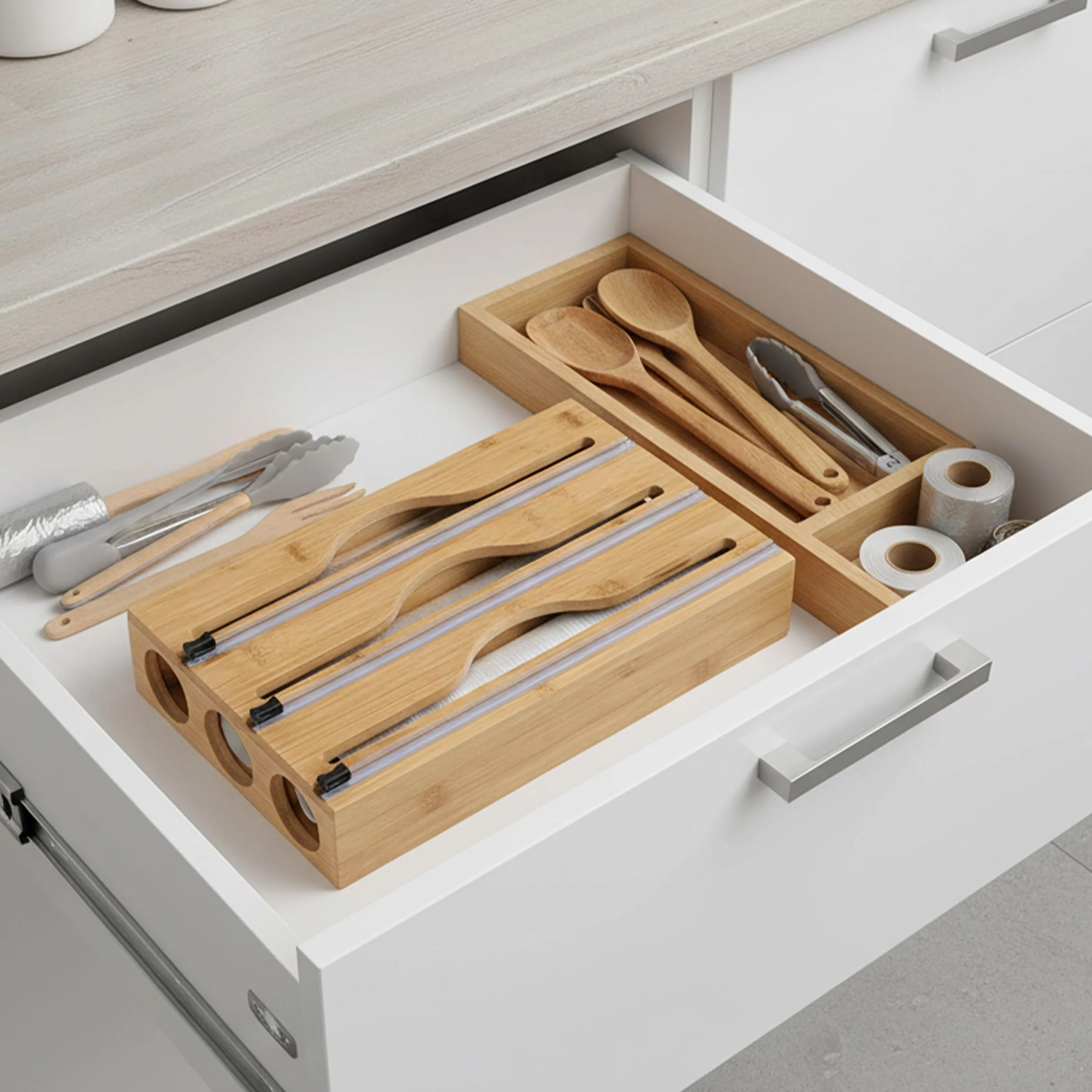 Relaxdays Dispenser per Pellicola, 3 Rotoli, cassetto, bambù, 22 x 33,5 x 7 cm, taglierina Cucina, Naturale