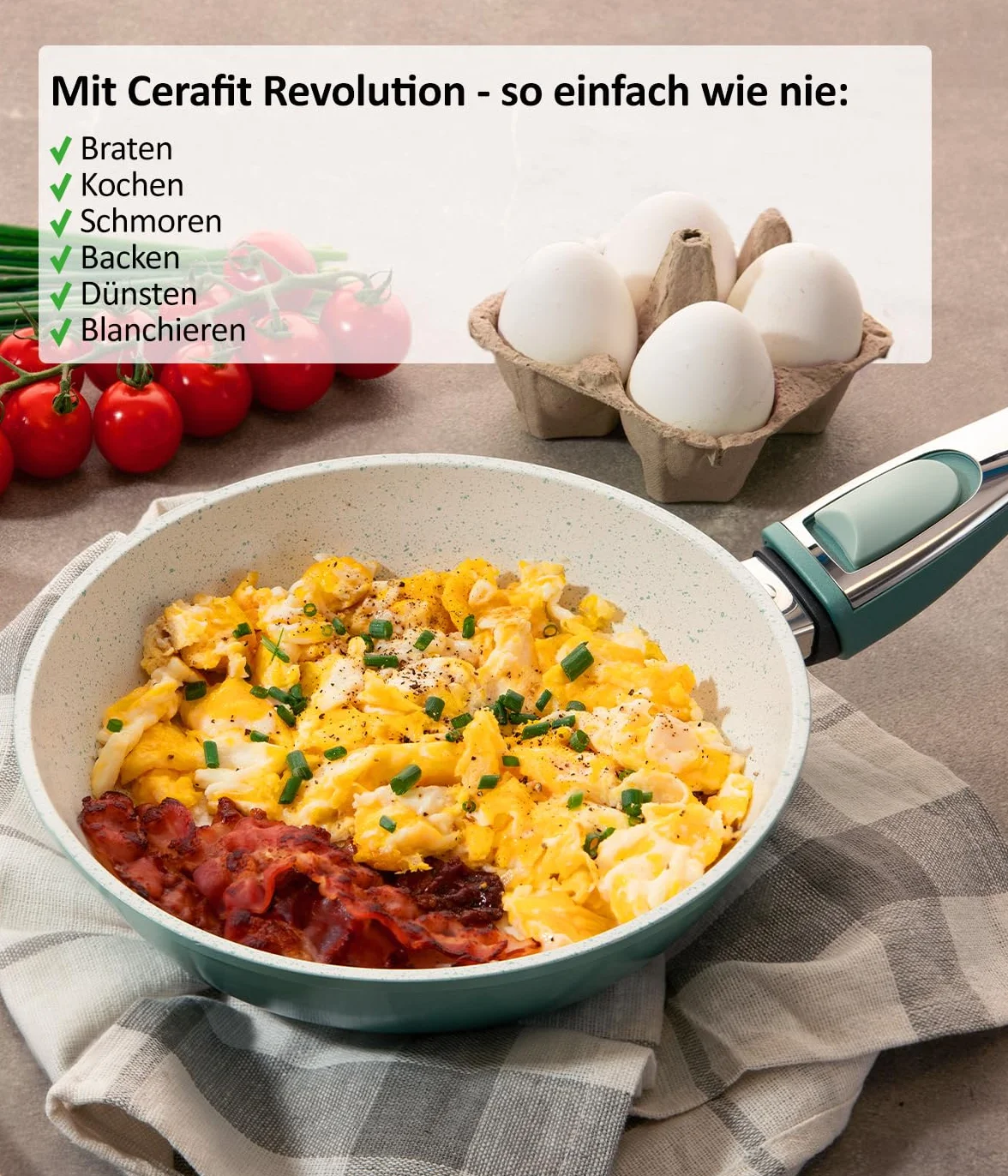 Genius Cerafit Revolution - Padella antiaderente in ceramica, senza PFAS con coperchio in vetro, manico rimovibile, adatta a tutti i piani cottura a induzione, lavabile in lavastoviglie