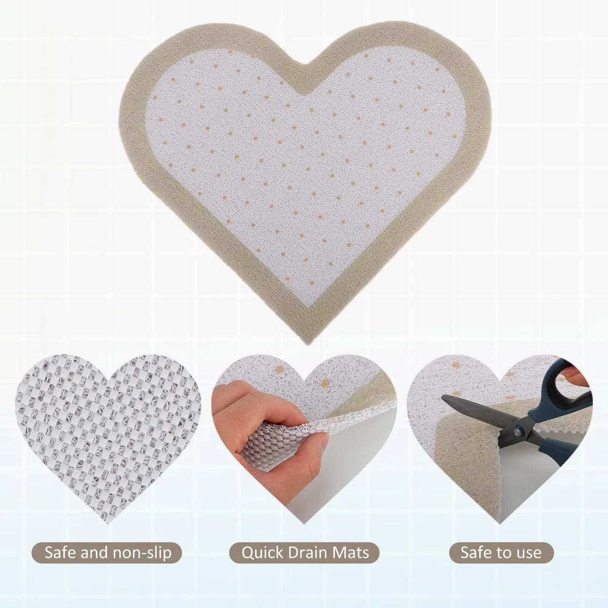 Tappetino Doccia Angolo Antiscivolo Antimuffa, 60x60 cm Tappetini Doccia a Forma di Cuore per Doccia Interno, Tappetini Bagno in PVC Asciugatura Rapida, Khaki + Bianco