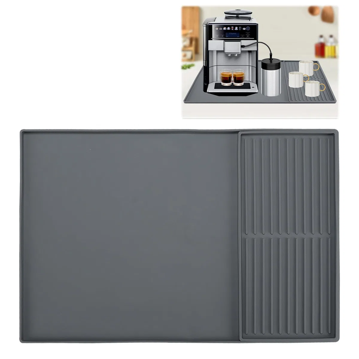 Tappetino in silicone per caffè con bordo rialzato, 61 x 40,5 cm tappetino per bar da caffè, adatto sotto la macchina da caffè, macchina per espresso, tappetino per asciugare piatti (grigio 40 x 19