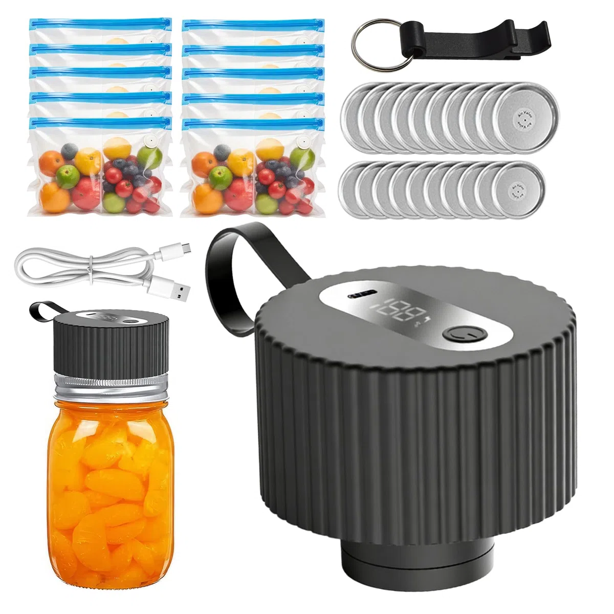 PORFOYO Macchina sottovuoto 3 in 1 per bicchieri, sottovuoto elettrico, Mason Jar Sealer per apertura ampia e normale, include 10 bustine, coperchi per conserve