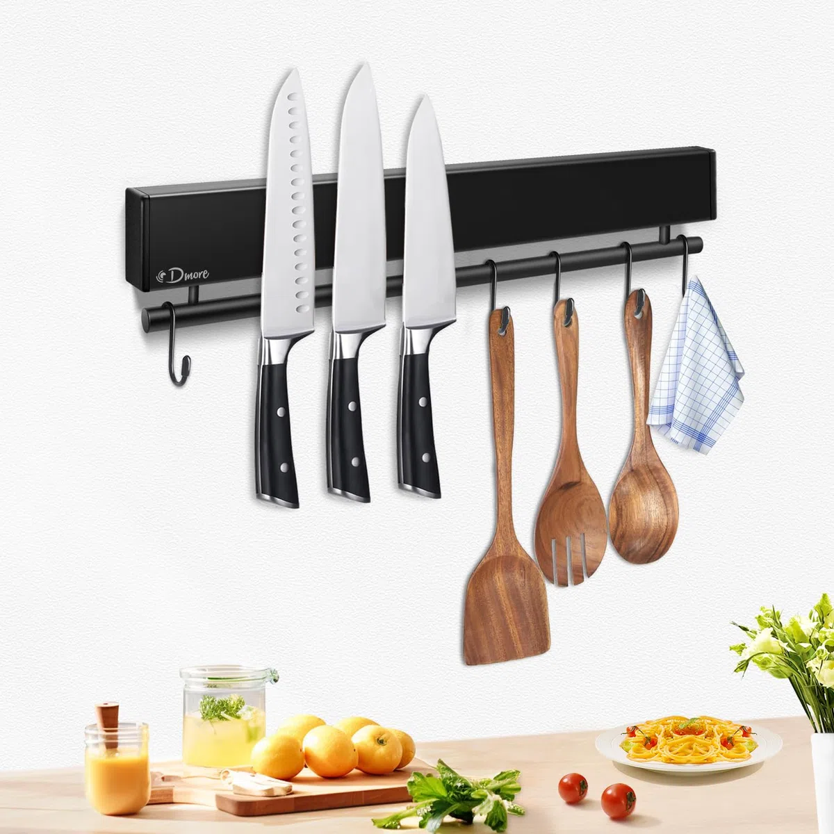 Dmore Supporto Magnetico per Coltelli da 30 cm Con 5 Ganci - Barra Nera Autoadesiva per Utensili Con Nastro e Viti