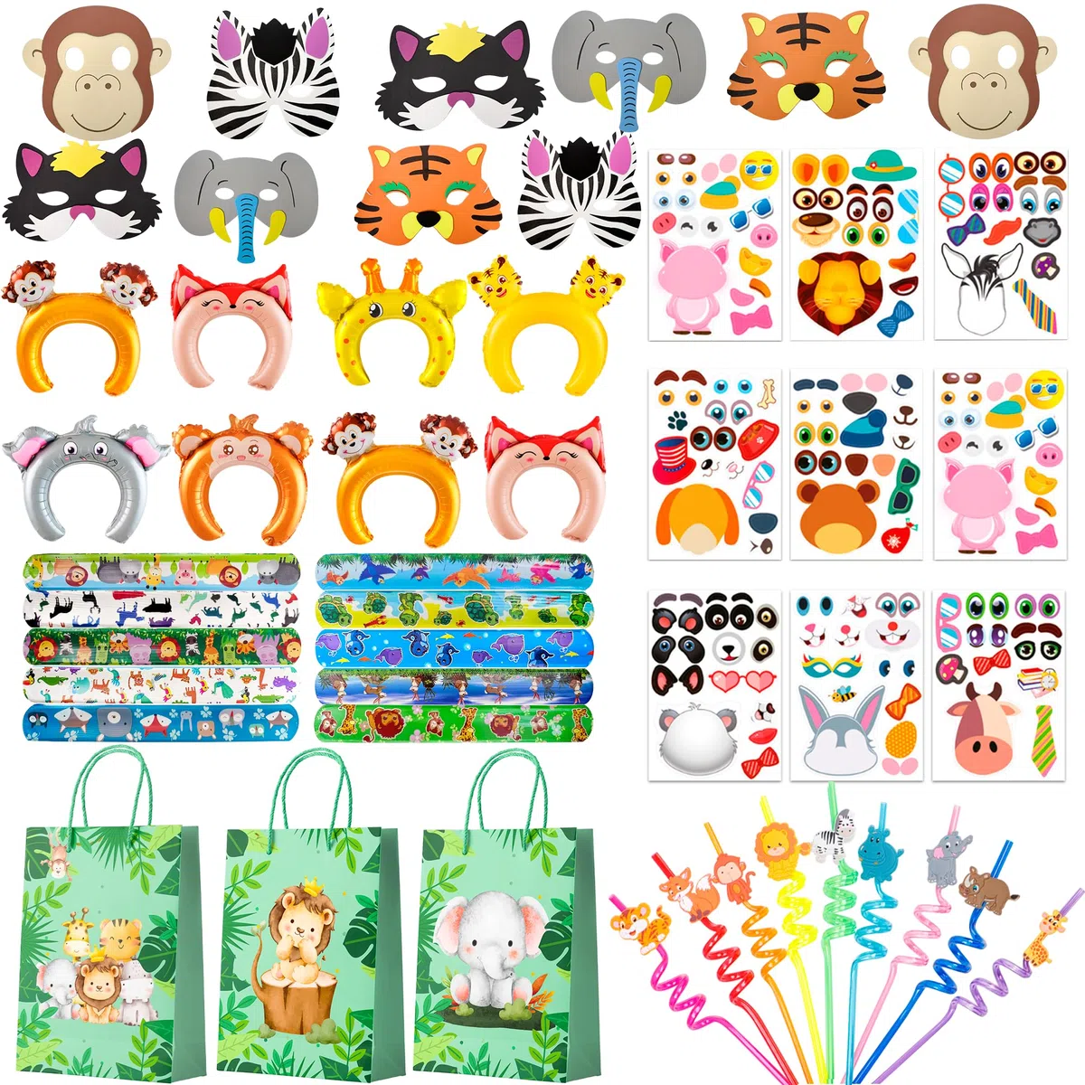 Regali di Animali della Giungla, 60 Pcs Set Bomboniere Safari - Sacchetti Animali Slap Bracelets Maschere Fasce per Capelli Gonfiabili Cannucce a Spirale Giungla Party Regalo per Bambino