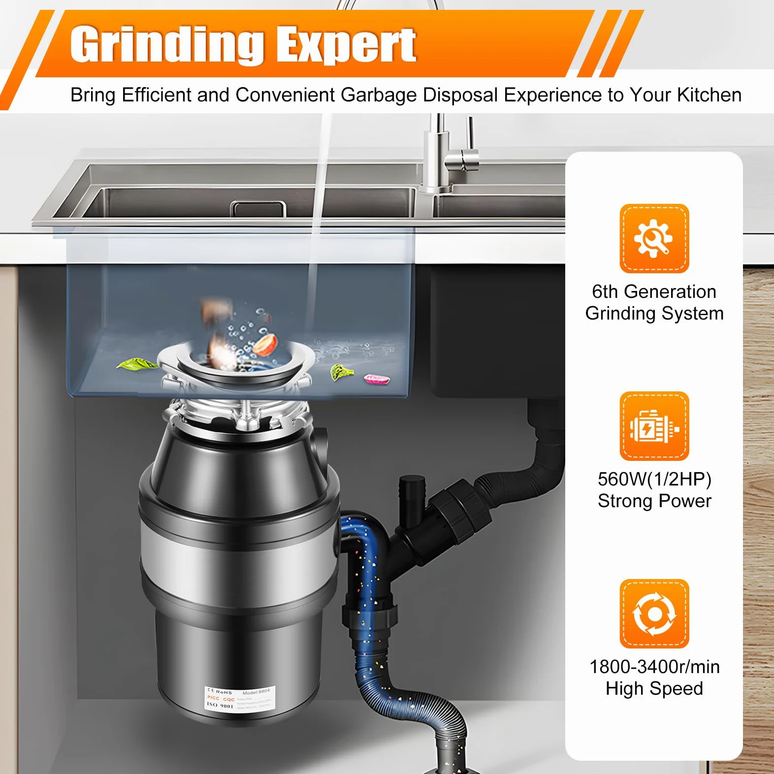 Smaltimento rifiuti da cucina, 560 W, per lo smaltimento dei rifiuti alimentari, 1,4 l, silenzioso, per la frantumazione dei rifiuti della cucina