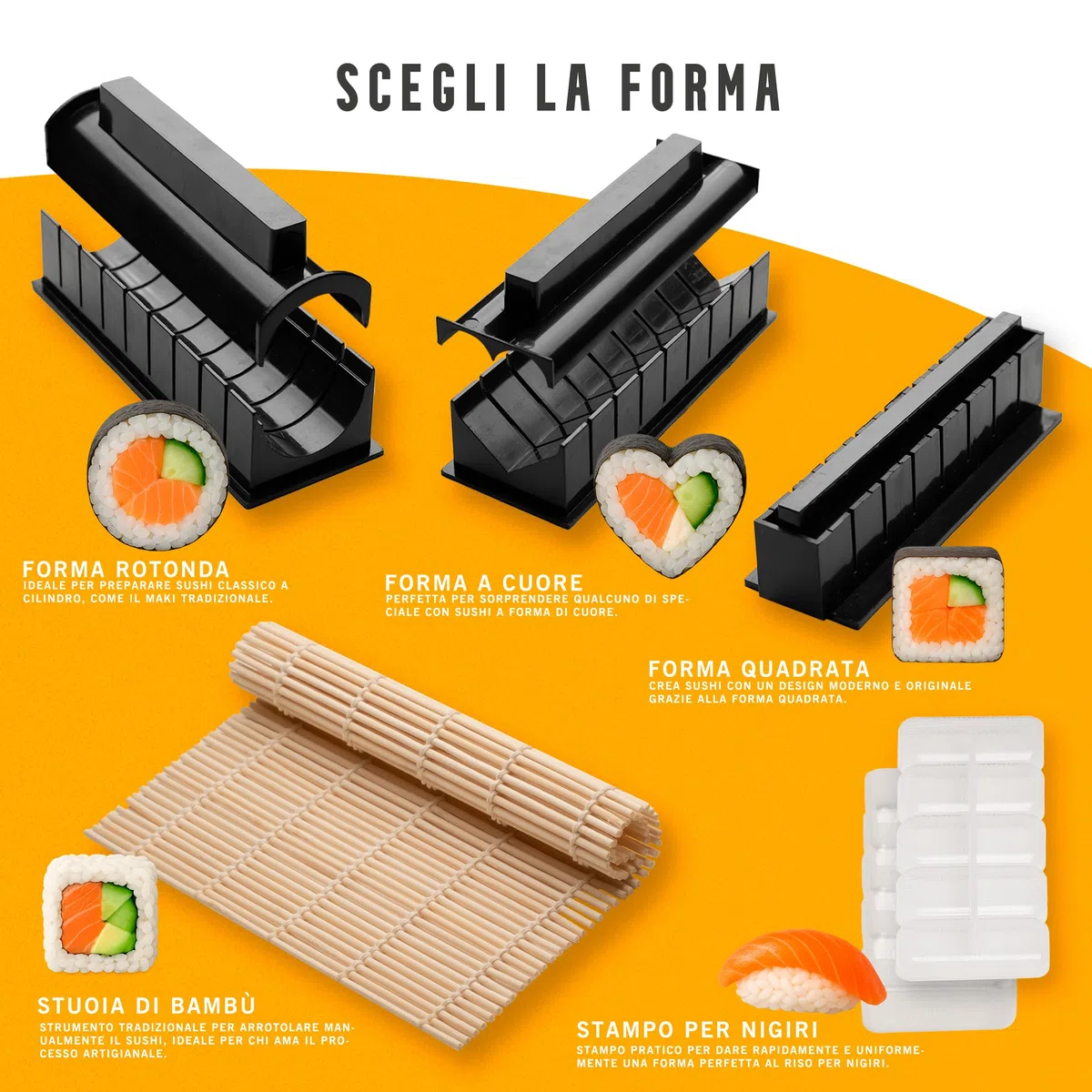 Kit Sushi 15 Pezzi - Sushi Kit Fai da Te con Stampi Nigiri, Tappetino Bambù, Coltello, Bacchette e Vassoio - Set Sushi Maker Casa con Guida e Video - Offerta Speciale per Rinnovo Stock Limitato