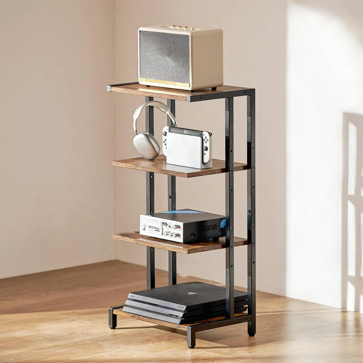 VEVOR Scaffale Portaoggetti Multimediale Altezza Regolabile 420 x 280 x 818 mm, Supporto Multimediale Audio-video 4 Ripiani in Legno per Attrezzatura Multimediale, Mobiletto Portaoggetti Marrone