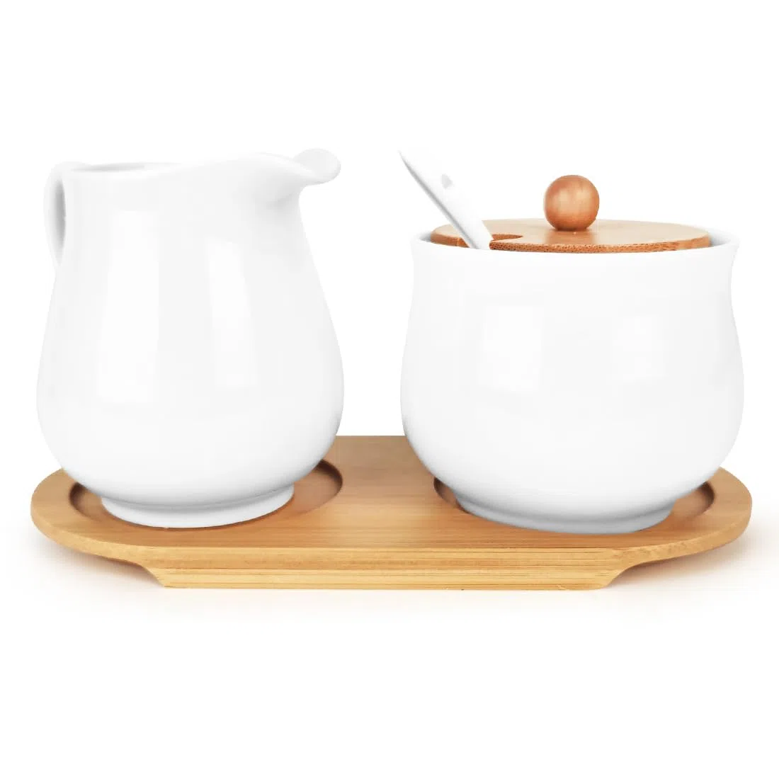 Set di latte e zucchero, in porcellana bianca e zuccheriera con coperchio e cucchiaio, contenitore per latte in ceramica e zuccheriera con vassoio per cucina e caffè, lavabile in lavastoviglie e