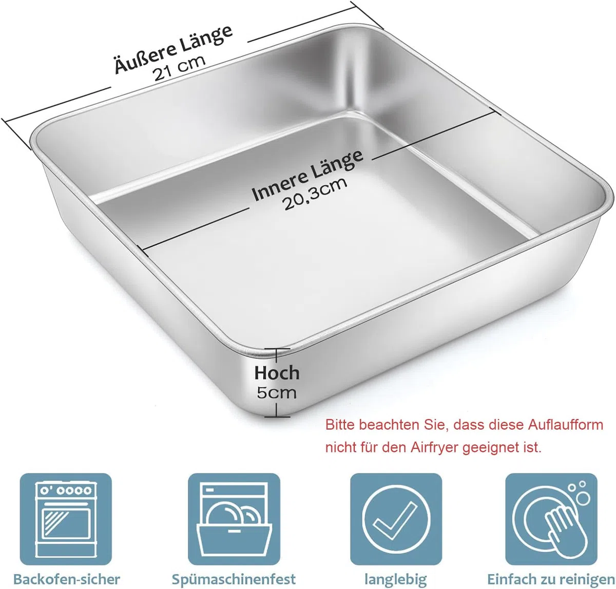 Homikit tortiera quadrata, teglia quadrata per in acciaio inox, casseruola set di 2, 21 x 21 x 5 cm, perfetta per torte, sana e non tossica, lavabile in lavastoviglie, non adatta per airfryer