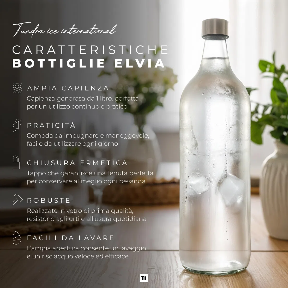 TUNDRA - Set 6 Bottiglie Vetro 1 litro - con 6 Tappi a Vite e 1 Imbuto | Linea ELVIA | Bottiglie da Tavola in Vetro: Resistenti, Lavabili in Lavastoviglie e BPA-Free - Per Acqua, Succhi, Bevande