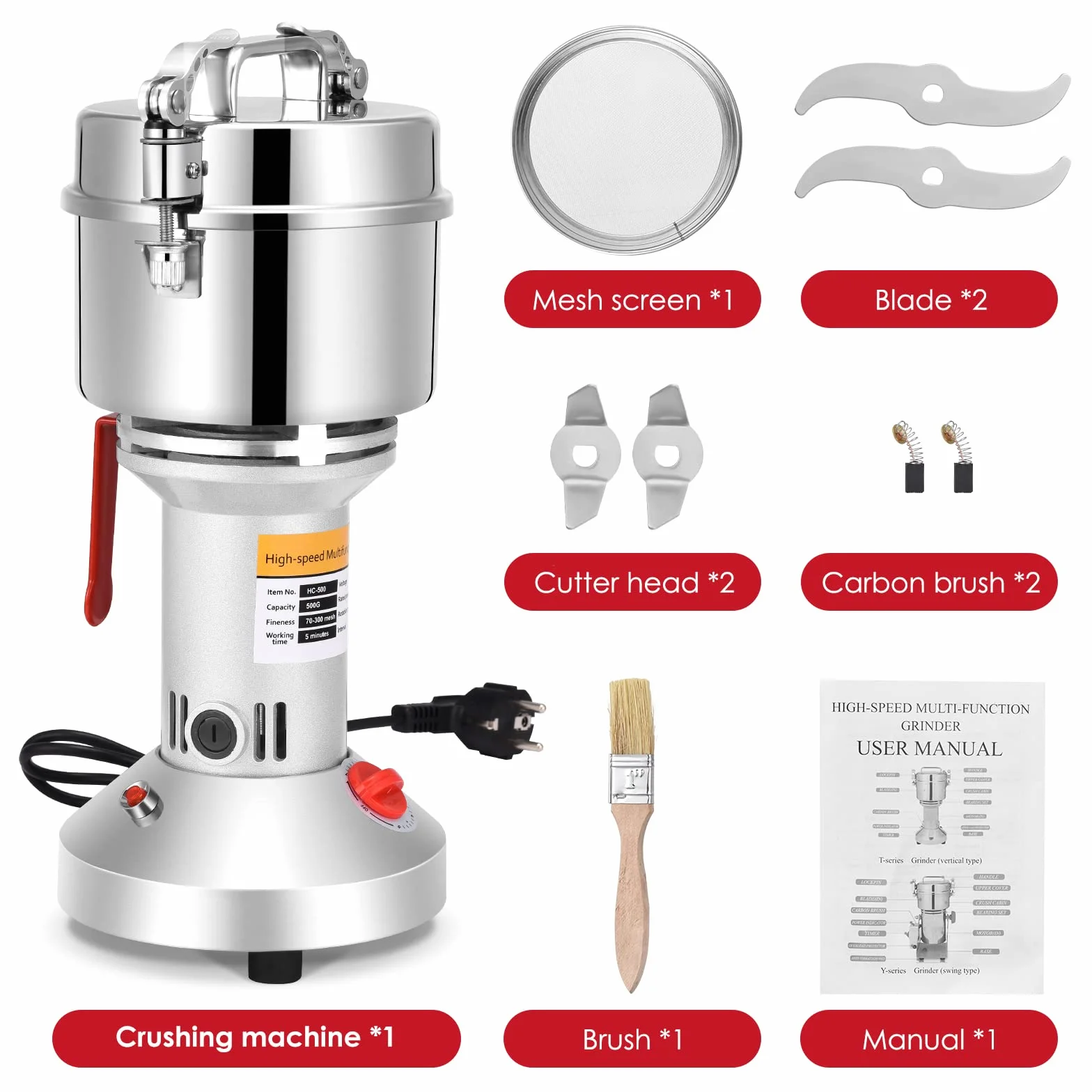 Mulino per Cereali 500g,trita pietre 2500W Portable Grinder 220V 3 Lame Riso a Macinazione Rapida, Sesamo, Cereali integrali