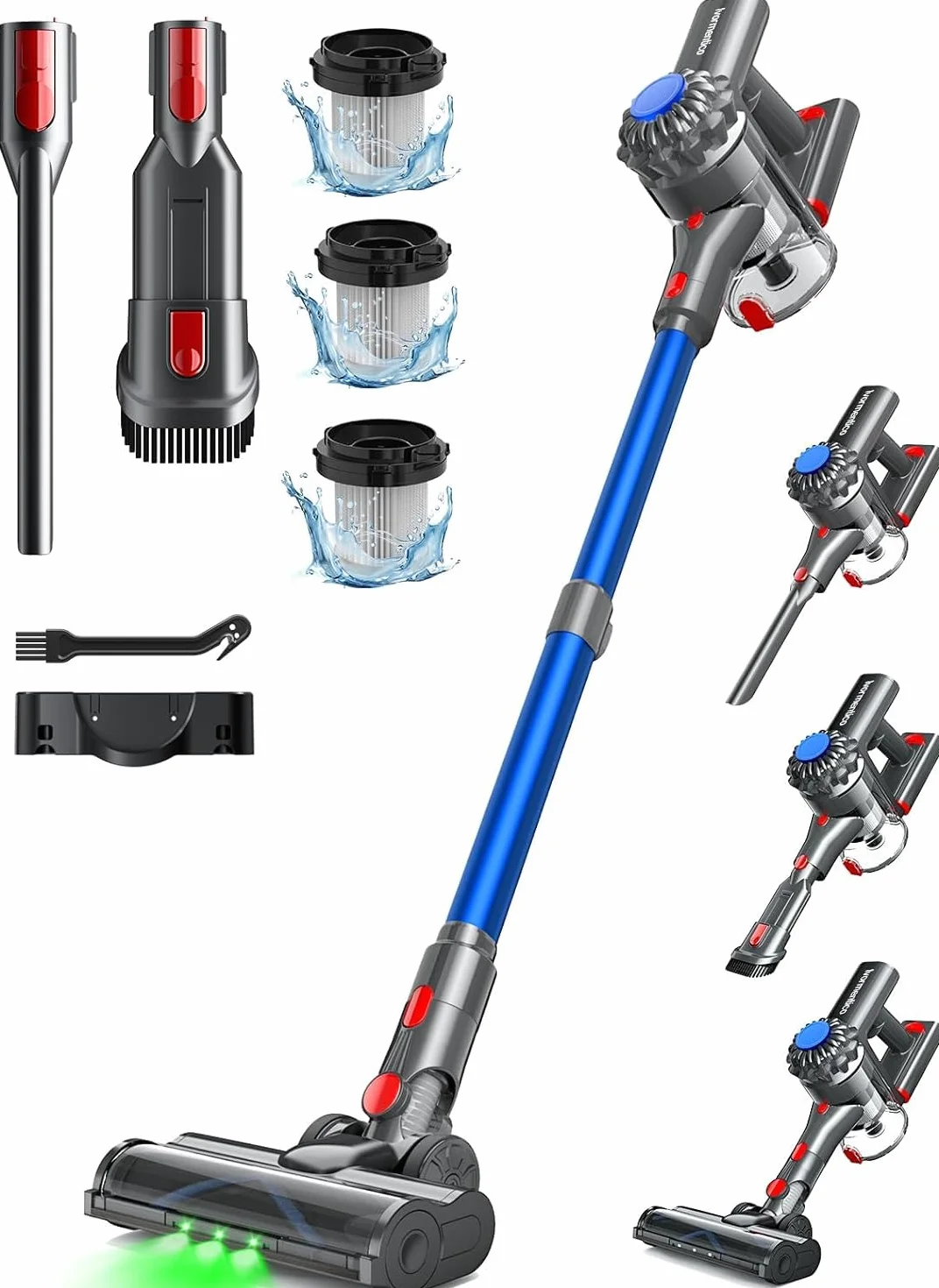 Aspirapolvere Senza Fili, 50Mins/450W/40KPA Scopa Elettrica Senza Fili, Aspirapolvere con LED Verde, Aspirapolvere Verticale con Batteria Rimovibile per Tappeti/Peli Animali, Blu