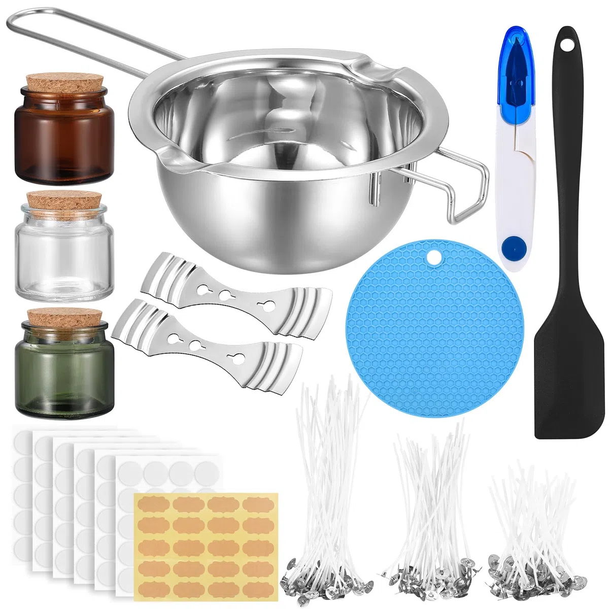 NPFVKSA Kit per la creazione di candele, vaso fuso di cera da 480 ml, 120 stoppini per candele, 3 set di vasi di cera, 120 adesivi per stoppini per candele, kit per la creazione di candele per adulti