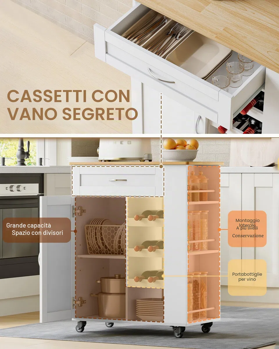 Hzuaneri Carrello Cucina, Mobile Cucina, Scaffale 3 Ripiani con Espositore per Vino, Mobile Multifunzione con Ruote, per Cucina, Soggiorno e Sala da Pranzo, 40 x 68 x 86 cm, Bianco ST03003W