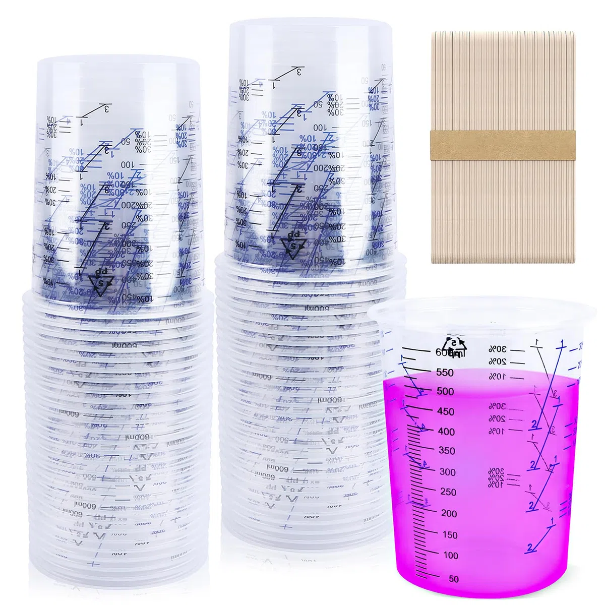 Bicchiere di Miscelazione per Vernici 50 Pezzi 600ml Tazza di Misurazione Misurini in Plastica con Bastoncini di Legno per Miscelazione Liquidi Vernice Pigmenti (600ml-50pcs)