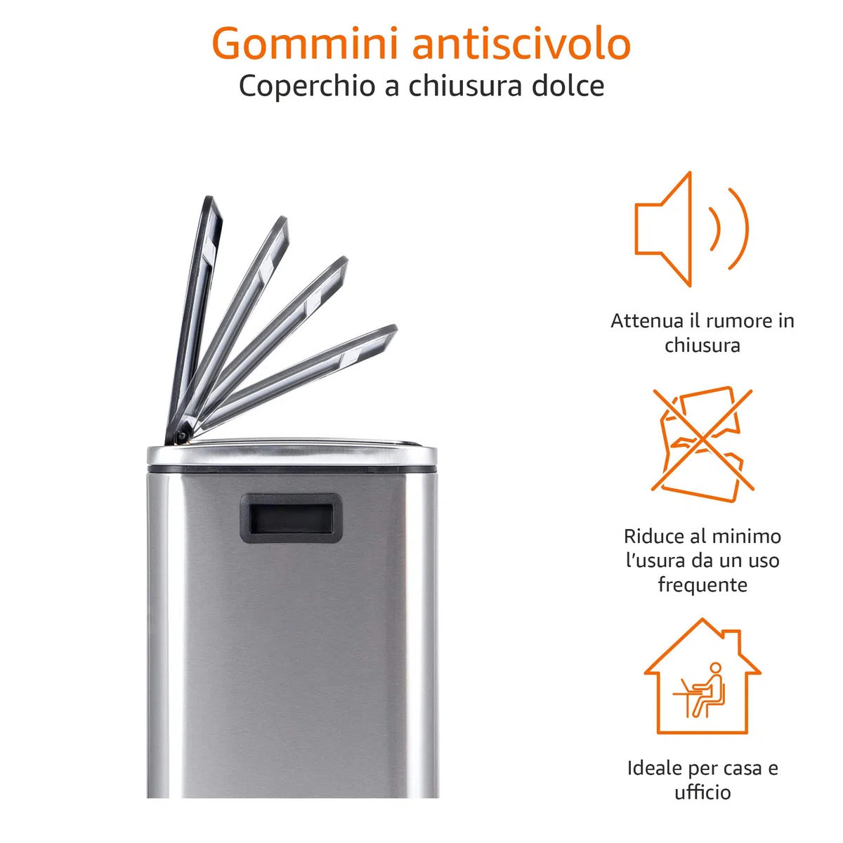 Amazon Basics Pattumiera 30 L (2 x 15 L) Rettangolare con due scomparti e pedale in tubo d'acciaio - chiusura ammortizzata con coperchio, per cucina, bagno o ufficio, in acciaio inossidabile