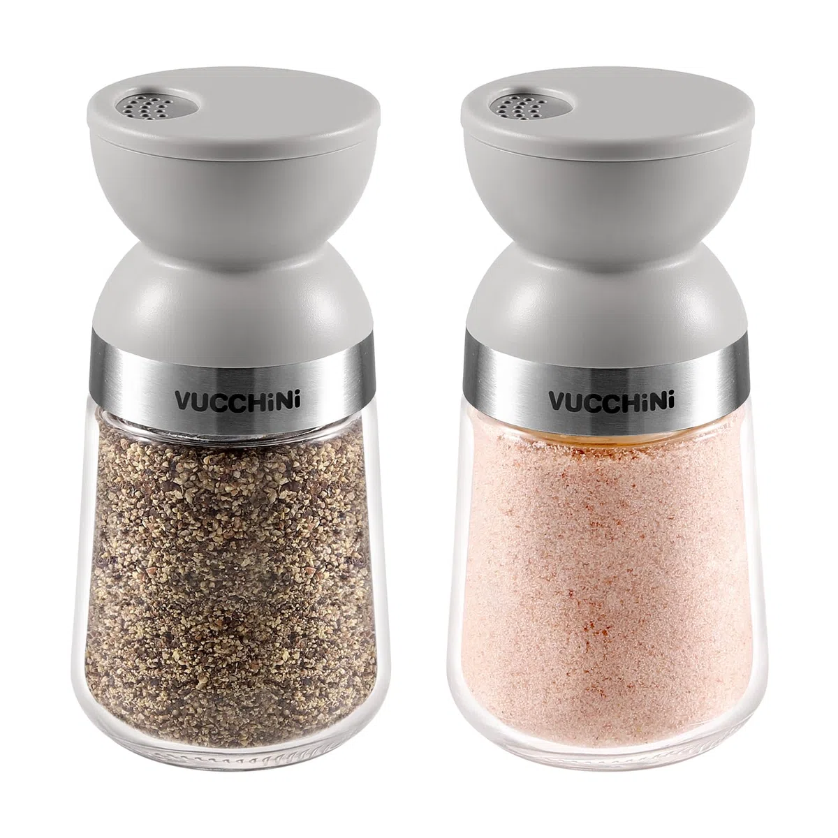 Vucchini Set di Saliera e Pepiera,3 Modalità,Completamente Rimovibile,Lavabile in Lavastoviglie,Grigio