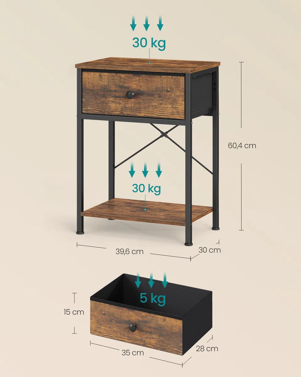 SONGMICS BELLAH Collezione - Comodino, Tavolino con Cassetto e Ripiano, per Camera da Letto Soggiorno, 30 x 39,6 x 60,4 cm, Marrone Vintage LGS101K101
