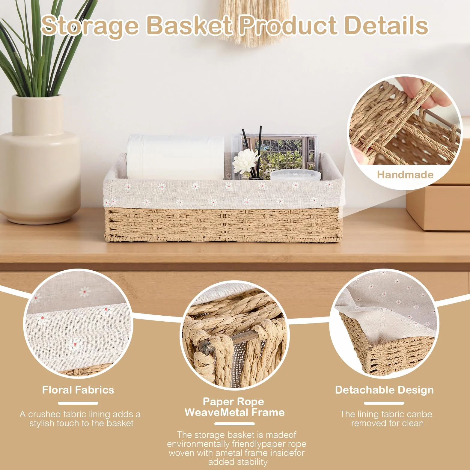 FoiiLiio Cestino Portaoggetti, Set di 3 Cestino Portaoggetti e Porta Giocattoli, Cesto in Corda di Carta, cestini portaoggetti Bagno Bambini per Camerette, Bagno, Cassetti, Cucine, Soggiorno (Beige)