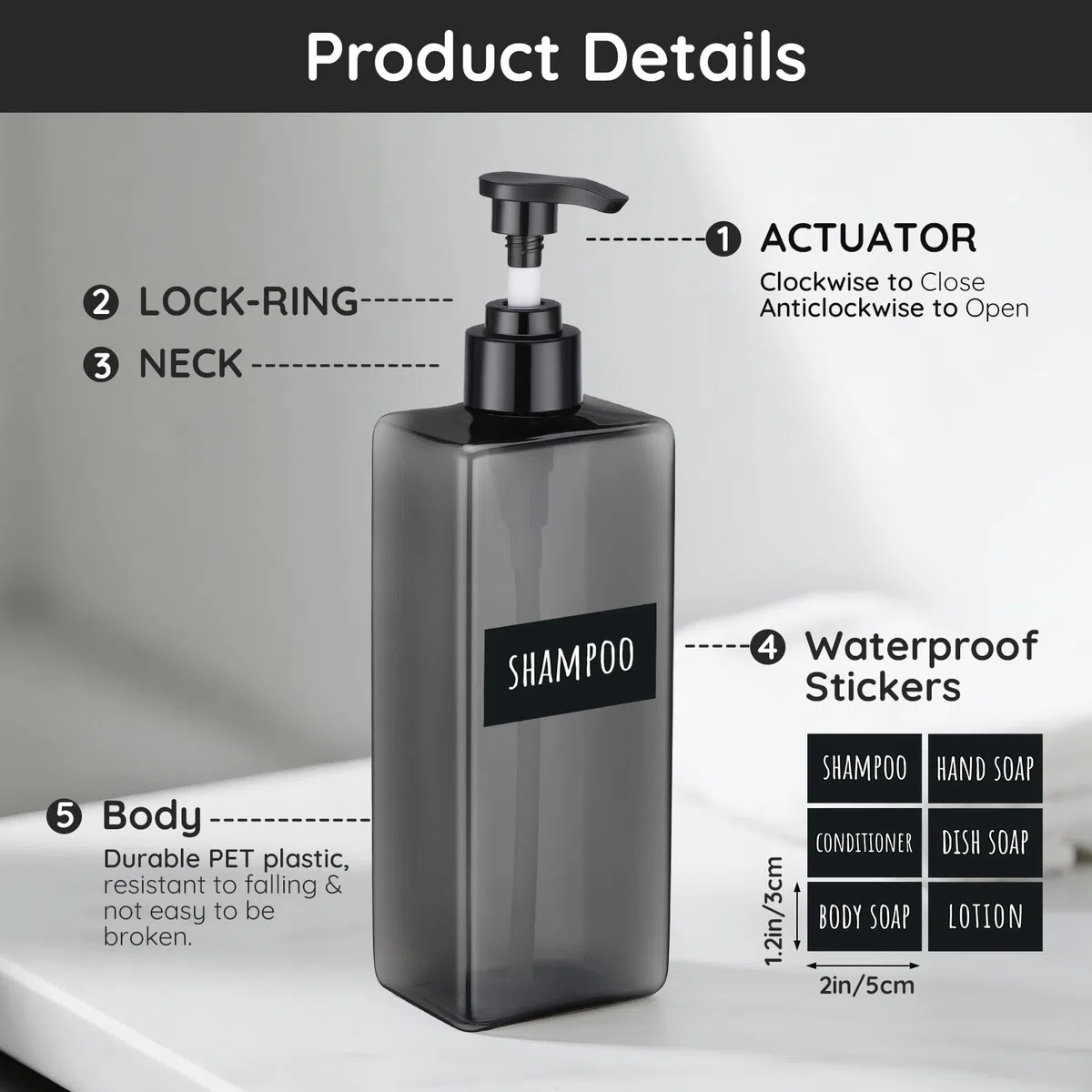 Segbeauty Dispenser Sapone Bagno, 4 Pezzi 500ml Dispenser Bagnoschiuma Doccia, Bottiglie Vuote, Flacone con Adesivi per Bagno, Cucina, Hotel, Ristoranti (Grigio)