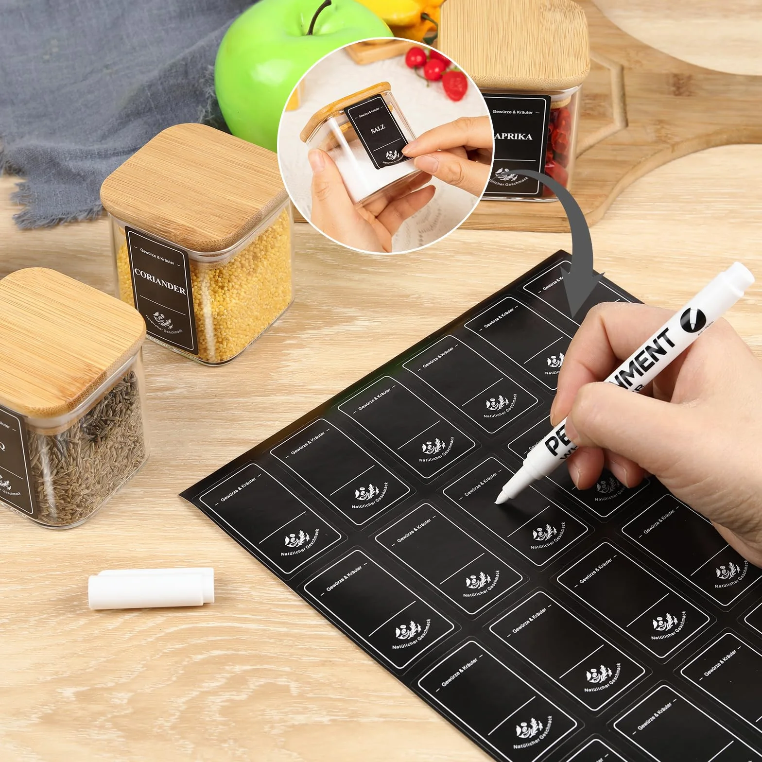 Set di 12 barattoli per spezie, rettangolari, da 120 ml, con coperchio in bambù, con etichette e pennarello bianco