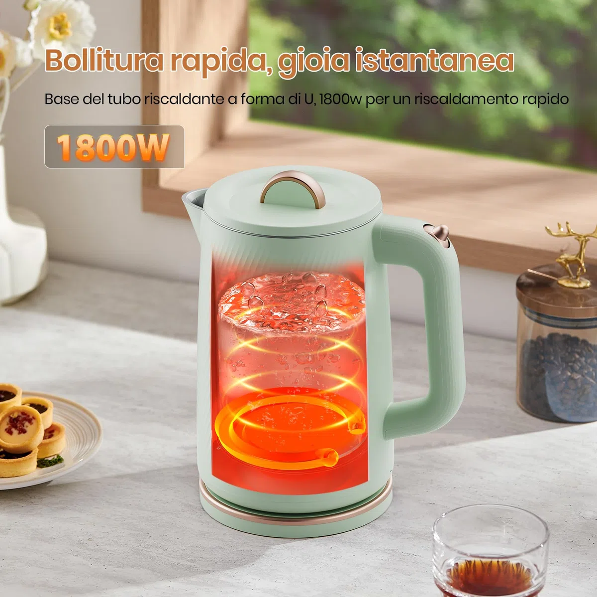 OLEGA Bollitore elettrico per acqua, bollitore per acqua calda a ebollizione rapida da 1800W, bollitore per acqua calda portatile da 1,8 litri Bollitore elettrico per tè Teiera (Verde)