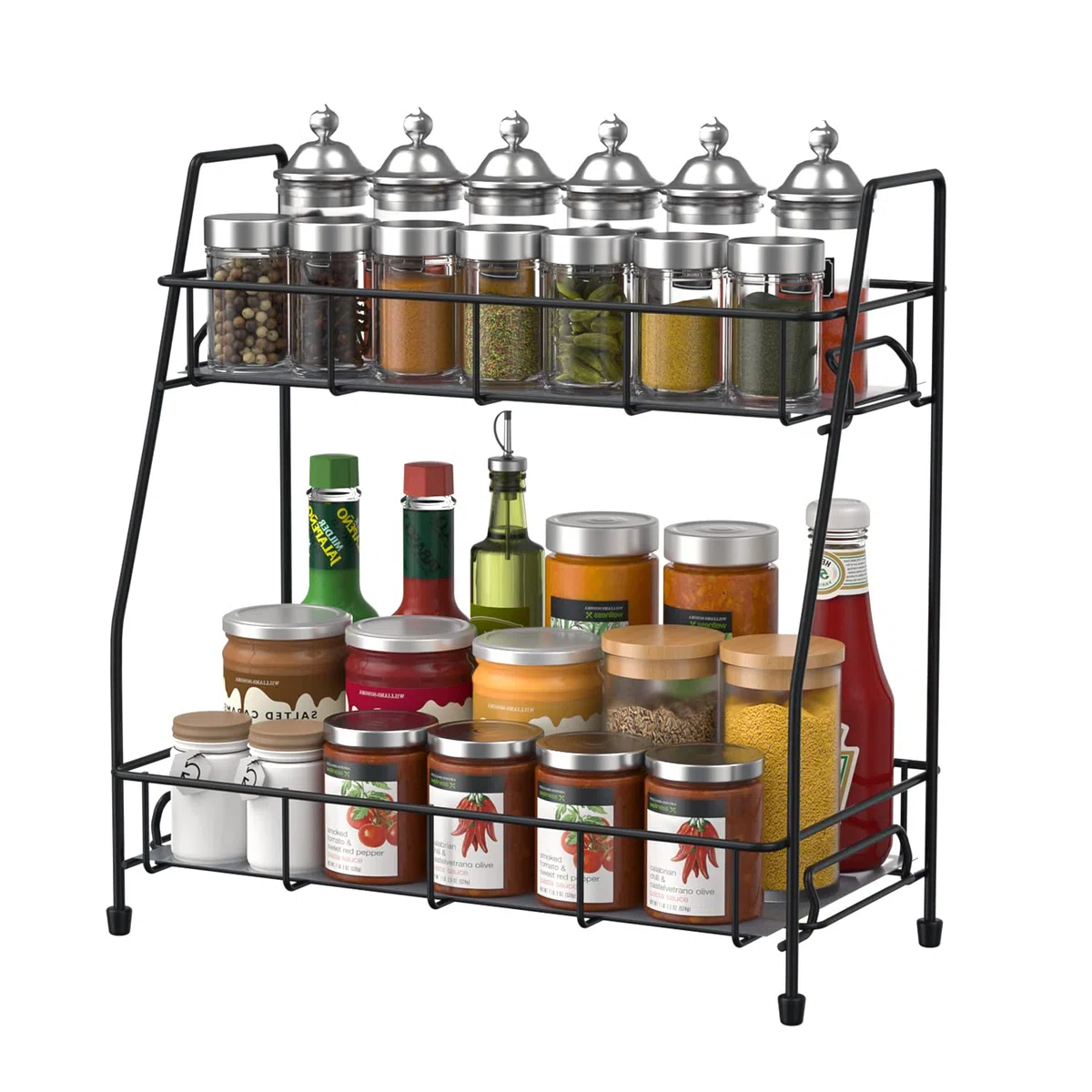 Supporto Porta Spezie Organizer per Cucina da Appoggio,Mensola Portaspezie Ripiani Organizzatore per Cucina Armadietto Bagno 2 Livelli,Nero