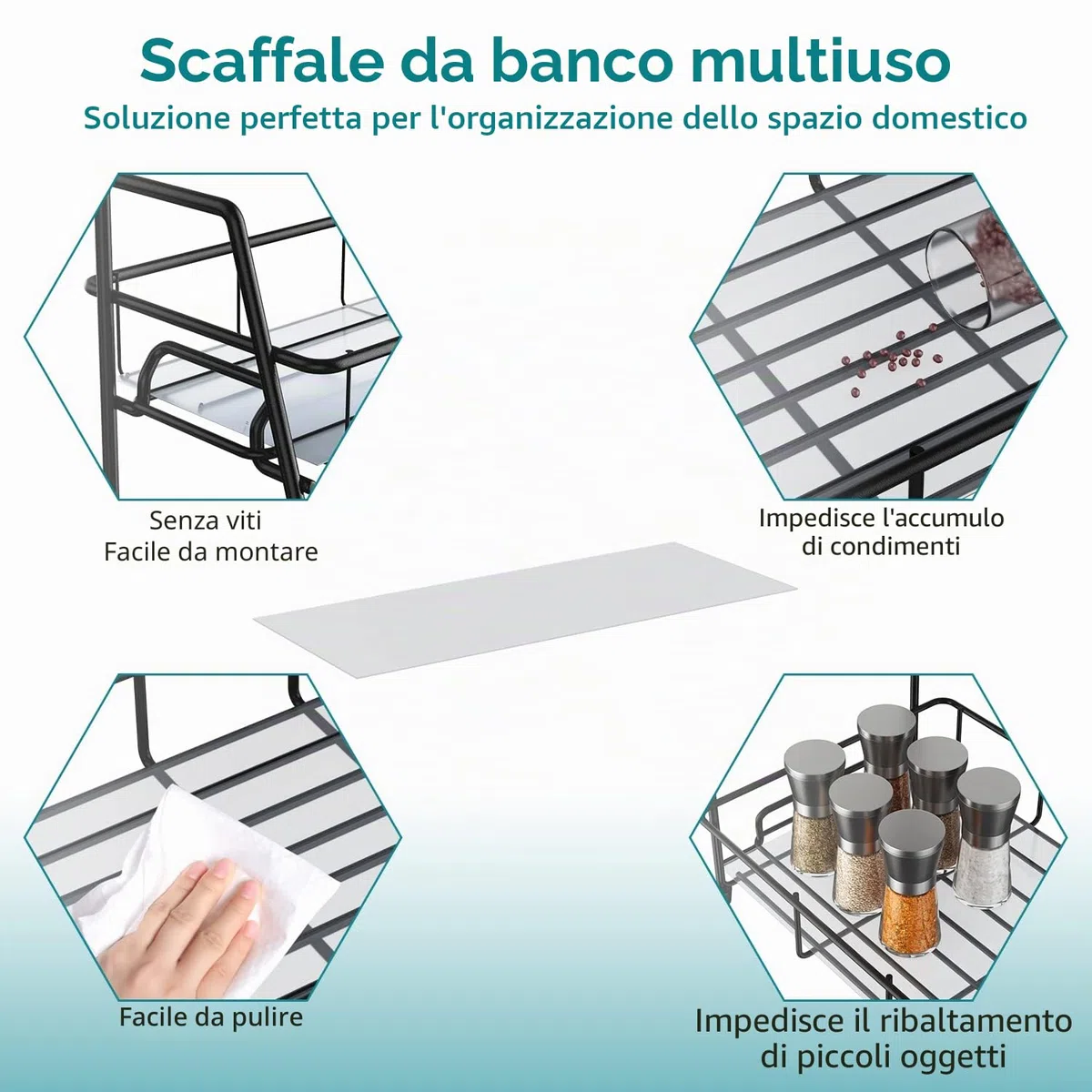 Supporto Porta Spezie Organizer per Cucina da Appoggio,Mensola Portaspezie Ripiani Organizzatore per Cucina Armadietto Bagno 2 Livelli,Nero
