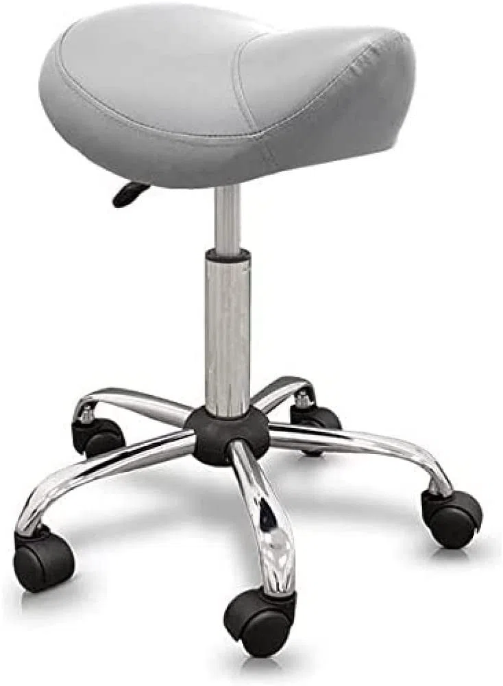 QUIRUMED Sgabello tipo Pony QUIRUMED, ergonomico, con base in acciaio, colore argento, rivestimento in similpelle, altezza regolabile, sedile imbottito, ruote piroettanti, fino a 150 kg